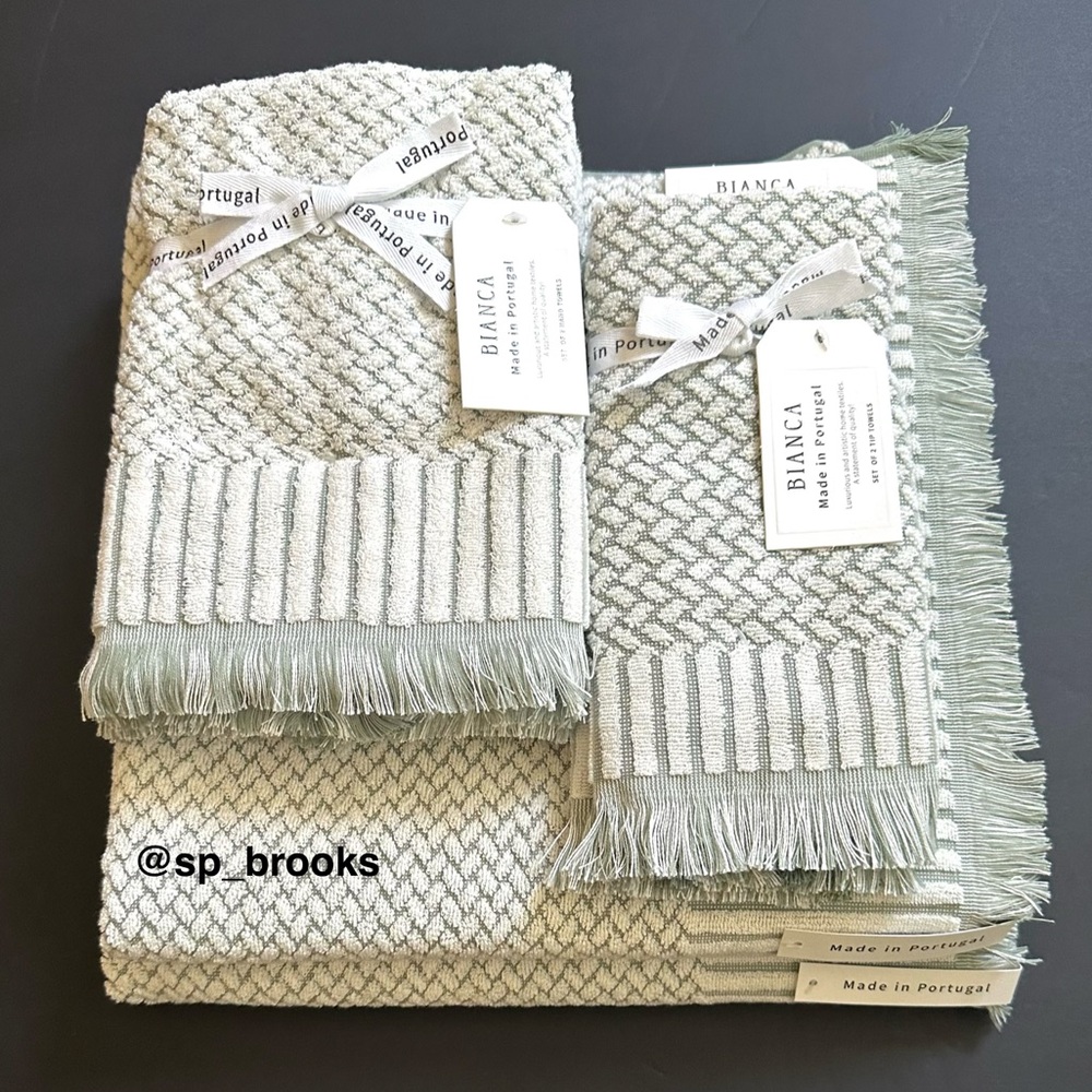 🎁6PC BIANCA Bath Towel Set - Cotton Textured Woven & Terry - Green & Cream